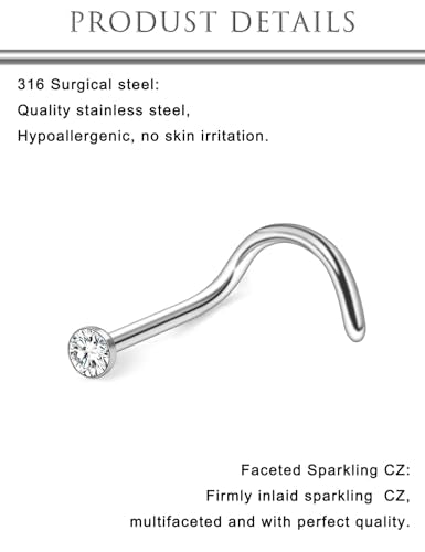 Hoeudjo Nose Studs Surgical Steel Cubic Zirconia Nose Rings Kit for Women Men Tiny Nose Stud Bone & Screw & L Shaped Nostril Piercing Jewelry 18/20/22/24 Gauge 10 Pieces - color: silver-tone,screw nose studs, size: 18g/2mm clear CZ