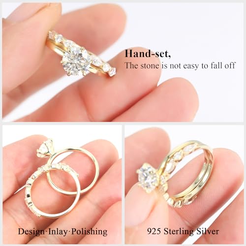 Moissanite Wedding Ring Bridal Set for Women, 3.3CTTW(2CT Center) Round Cut 9K Gold Plated D Color VVS1 Clarity, 925 Sterling Silver Wedding Band Engagement Rings for Her