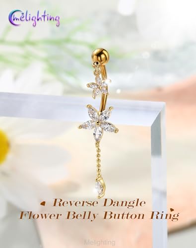 Melighting 14G Lotus Belly Button Ring Dangle Navel Ring Surgical Steel | 316L Reverse Belly Piercing Jewelry AAA Cubic Zircon, 10 mm Silver Gold Double Flower Barbell Bar Body Jewellery for Women - color: Gold Lotus