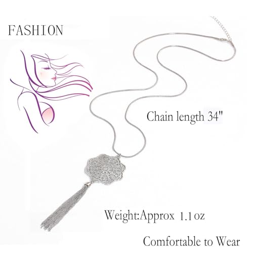 MOLOCH Long Necklaces For Woman Disk Circle Pendant Necklaces Tassel Fringe Necklace Set Statement Pendant - color: floral-shaped-silver