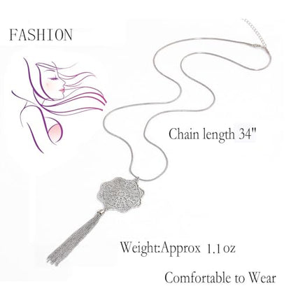 MOLOCH Long Necklaces For Woman Disk Circle Pendant Necklaces Tassel Fringe Necklace Set Statement Pendant - color: floral-shaped-silver