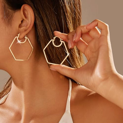 Large Gold Knot Hoop Earrings for Women 18K Gold Hoop Earrings Statement Lightweight Hoops Trendy Gold Hoops Earrings Jewelry - color: C-Hexagon Big Hoop Earrings