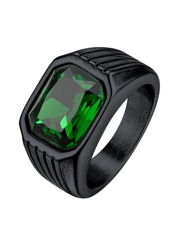 Bestyle Chunky Signet Ring for Men, Stainless Steel/Black Ring Synthetic Gemstone Band Ring Biker Ring for Men, Thumb Pinky Ring Mens Fashion Ring Jewelry Size 7-14, Gift Package - color: 4. green emerald-black