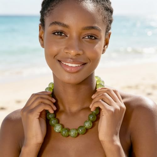 Chunky Necklaces for Women Trendy 20MM Large Resin Beaded Necklace Bold Statement Chunky Choker Necklace Boho Beads Summer Beach Jewelry - color: Olive Green