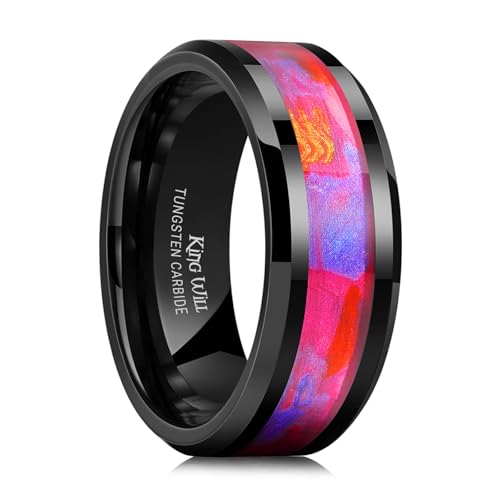King Will Mens Galaxy Tungsten Wedding Band | 6mm/8mm, Beveled Edge, Comfort Fit, Durable, Sandstone Opal Inlay Polished, Everyday Wear - color: Black&Red&Blue