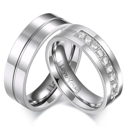 Couple Rings for Him and Her Stainless Steel Matching Promise Ring Princess Cut Bridal Couple Wedding Engagement Bands Cubic Zirconia CZ Band for Women Men Lover Jewelry Gifts Comfort Fit 5-15 - color: B,silver,I LOVE YOU,with zircon,1pc