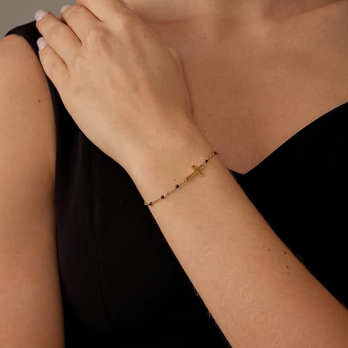 18K Gold Plated Pearl Beaded Cross Bracelets for Women Adjustable Stainless Steel Dainty Thin Gold Box Cuban Twisted Link Chain Bracelet Bridesmaid Jewelry Gifts - color: Black Cross-Gold