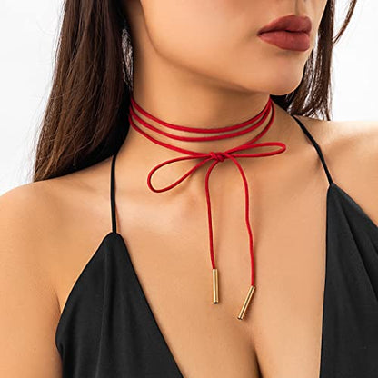 Gothic Velvet Bowknot Choker Necklace Bow Long Wrap Collar Necklace Party Prom Accessories - color: Red