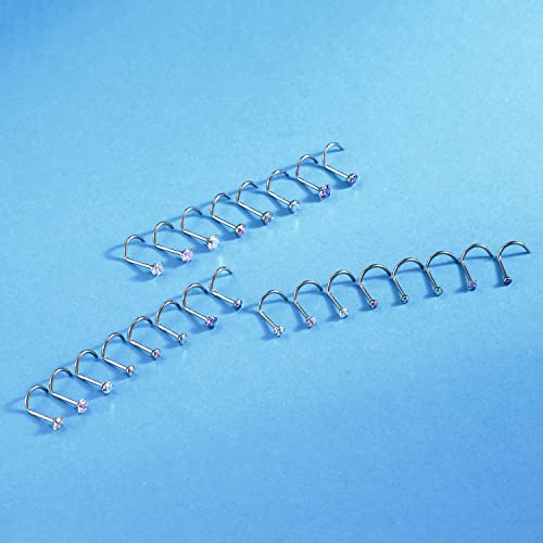 8PCS G23 Titanium Twist Screw Nose Studs 18G 20G Nose Rings 2mm 2.5mm 3mm Clear Pink Purple Aurora CZ Gold Nose Piercing Studs Nostril for Women Men - style: 20g silver mix-color cz 3mm