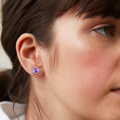 MILACOLATO S925 Sterling Silver Stud Earrings for Women Men Hypoallergenic 18K Gold Plated Cubic Zirconia Earrings Studs Brilliant Simulated Diamond Halo Earring for Sensitive Ears - style: 18K White Gold Plated - Purple CZ