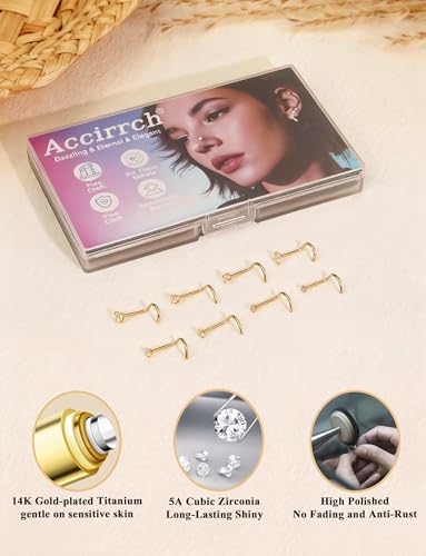 8Pcs Nose Rings Studs Set for Women Men: Hypoallergenic G23 Titanium/316L Surgical Stainless Steel Nose Studs, Nickel-free Lead-free L Shaped Corkscrew Nose Piercing Jewelry CZ 1.5mm 2mm 2.5mm 3mm - style: Titanium 8Pcs 20G Corkscrew Gold