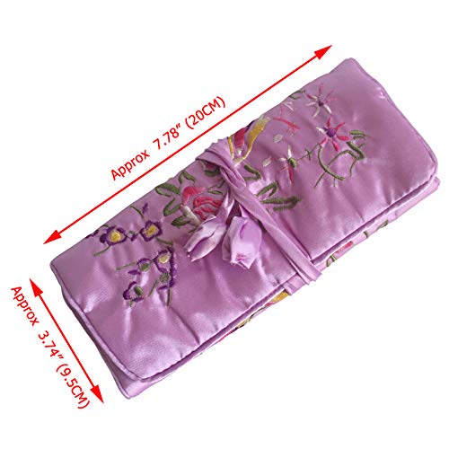 Travel Jewelry Roll Bag - Embroidered Brocade Pouch for Rings, Necklaces, Earrings, Bracelets | Lightweight & Tie Closure (Light Purple) - color: Light Purple