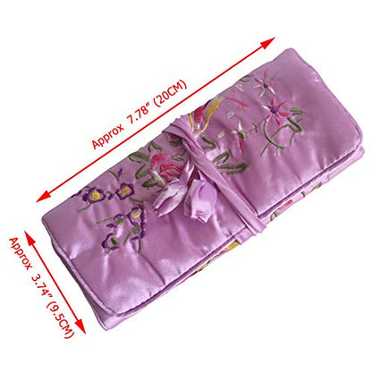 Travel Jewelry Roll Bag - Embroidered Brocade Pouch for Rings, Necklaces, Earrings, Bracelets | Lightweight & Tie Closure (Light Purple) - color: Light Purple