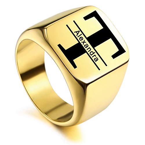 VIBOOS Custom Engraved Initial Monogram Signet Ring for Men Women Mens Rings Stainless Steel, Bundle with Ring Size Adjusters - color: B2: Gold - Initial Name