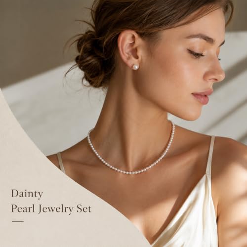 D.Bella Pearl Necklace Stud Earrings Set for Women Dainty Round Imitation Pearl Choker Necklace for Wedding -5Pairs Hypoallergenic Earrings Delicate Jewelry - color: A-Gold