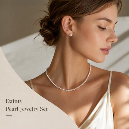D.Bella Pearl Necklace Stud Earrings Set for Women Dainty Round Imitation Pearl Choker Necklace for Wedding -5Pairs Hypoallergenic Earrings Delicate Jewelry - color: A-Gold