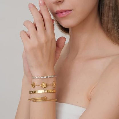 18K Gold Plated Stackable Love Bangle Bracelet Set for Women - 3 Pcs Stainless Steel Chain Bracelet Cubic Zirconia Tennis Bracelet Gold Bangle Set Gift for Wife - color: Gold Floral Bracelet Set