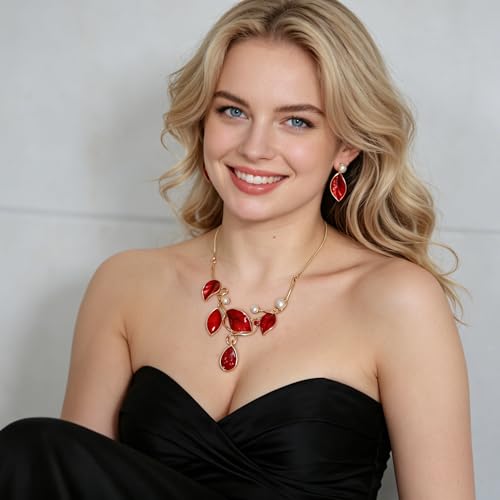 Vintage Statement Jewelry Set - Chunky Flower Floral Plant Geometric Resin Bib Necklace Earring Set Bohemian Boho Crystal Rhinestone Fashion Jewelry for Women Bridal Party Prom Unique Gift - style: MLJS2609-Red