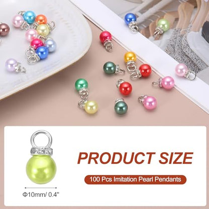 MECCANIXITY 100Pcs Imitation Pearl Pendant 10mm Faux Pearl Beads with Rhinestone for Dangle Jewelry Making Earrings Necklace Bracelets Crafts, Green - color: Green