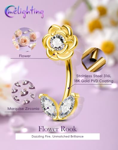 Melighting 16G Flower Rook Piercing Jewelry Marquise Stainless Steel 316L | Delicate Floral Leaf Design, 5A Grade Cubic Zircon, Dainty Eyebrow Piercing - color: Gold, size: 16g6mm