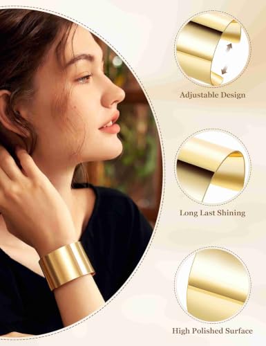 2 Pcs Gold Cuff Bangle Bracelet Set for Women Irregular Minimalist Statement Bangle Bracelets Wide Open Chunky Wire Bracelets Wrist Cuff Adjustable Hammered Bracelet - color: Gold A