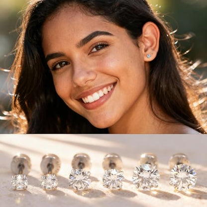 Limerencia Moissanite Stud Earrings, 3 Pairs Titanium Screw Back Earrings | D Color VVS1 Clarity Lab-created Moissanite Earrings, Hypoallergenic G23 Pure Titanium for Women Men Sensitive Ears - color: Silver S