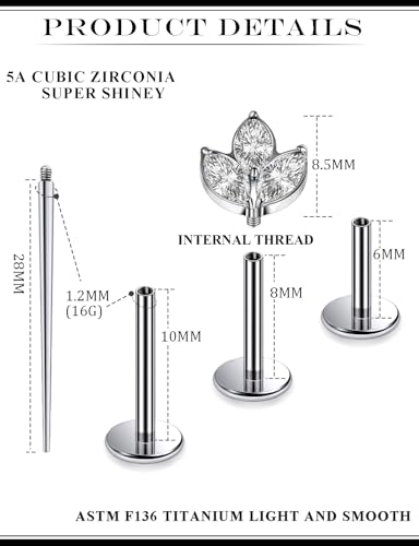 16G Astm F136 Titanium Internal Thread Flat Back Earrings Nose Studs Tragus Forward Helix Conch Cartilage Lobe Earrings Stud Medusa Labret Monroe Lip Ring Piercing Jewelry For Women Men - size: 16G--Style J-CZ