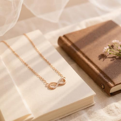 Nilu's Collection Infinity Pendant Necklace with American Diamond Stones For Women | Lightweight | Anti-Tarnish | Anti- Tarnish | Office Wear (Rose Gold)