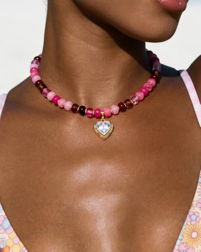 Boho Beaded Choker Necklaces for Women with A Gold Heart CZ - color: Pink