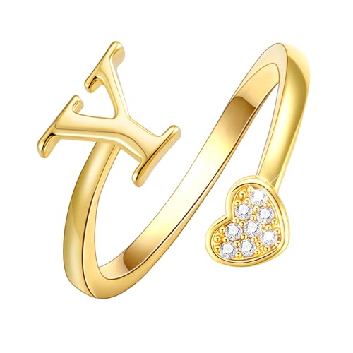 Lunvky Birthday Gifts Silver Initial Rings for Women Teen Girl Kids Trendy Stuff Dainty 14K Gold Plated Adjustable Heart Letter Thumb Rings Pinky Cute Jewelry Personalized Gift - color: Gold, size: Initial-Y