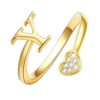 Lunvky Birthday Gifts Silver Initial Rings for Women Teen Girl Kids Trendy Stuff Dainty 14K Gold Plated Adjustable Heart Letter Thumb Rings Pinky Cute Jewelry Personalized Gift - color: Gold, size: Initial-Y