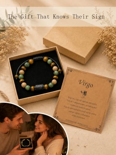 Zodiac Bracelet for Women and Men, Zodiac Sign Natural Stone Beaded Bracelet, Adjustable Horoscope Astrology Bracelet with Zodiac Card, Birthday Gift for Her Him - color: Virgo