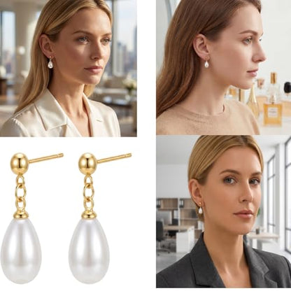 Hypoallergenic Pearl Earrings Set for Women | S925 Sterling Silver & Stainless Steel, Daisy Heart & Hook & Teardrop Dangle & Huggie Hoop, Simulated Pearl, Sensitive Ears - color: Yellow Gold Teardrop pearl