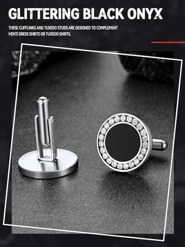 FaithHeart Mens Cufflinks, Norse Viking Tuxedo Shirt Cuff Links, Stainless Steel Cuff Links and Shirt Studs, Gift Box - style: 03. Black Onyx CZ-Silver