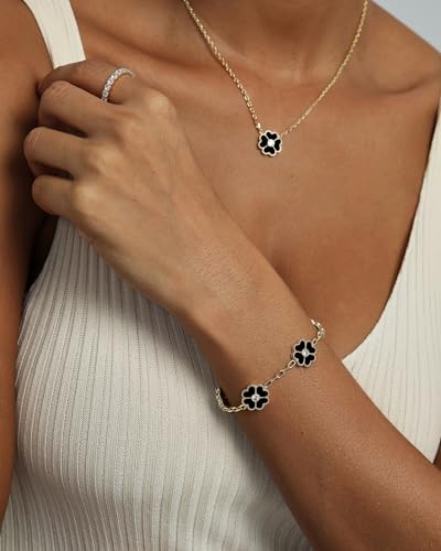 PAVOI 14K Gold Plated Clover Bracelets for Women - Flower Four Leaf Clover Bracelet - Mother of Pearl & Onyx Gemstone Lucky Flower Design - Adjustable Trendy Jewelry Gifts - style: Black Onyx Flower