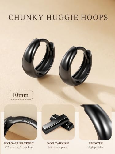 Bestyle Gold Huggies Earrings for Women Hypoallergenic 925 Sterling Silver Post Huggie Hoop Earrings Thick Lightweight Small Hoop Earrings 8/10/12/14mm - color: Black, size: 10mm