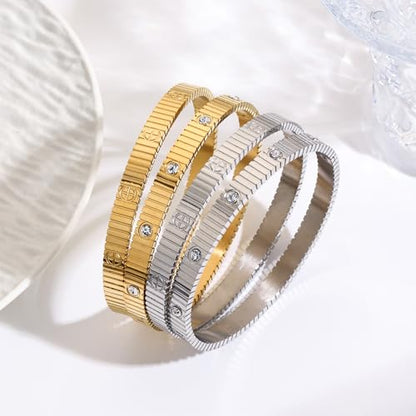 Women's Bracelet Stainless Steel Gold Plated Cuff Bangle Cube Zircon Hinge Jewelry oval Bangle Witness the Gift of Love - color: Zircon Gold Large 7"