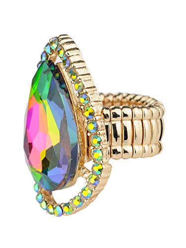 NYFASHION101 Radiant Teardrop Stone Adjustable Cocktail Statement Ring - color: Encircled Teardrop, Green Tint Aurora Borealis/Gold-Tone