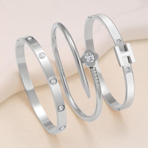 3Pcs Gold Bracelets for Women 14K Gold Plated Love/H/Nail Bangle Bracelet Dainty Non Tarnish Bracelet Jewelry Christmas Mothers Day Gifts for Women - color: 3Pcs Silver/White H bracelet
