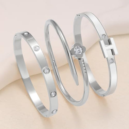 3Pcs Gold Bracelets for Women 14K Gold Plated Love/H/Nail Bangle Bracelet Dainty Non Tarnish Bracelet Jewelry Christmas Mothers Day Gifts for Women - color: 3Pcs Silver/White H bracelet