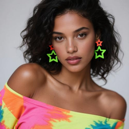 Colorful 80s 90s Neon Star Earrings for Women Retro Glow Party Costume 80s 90s Acrylic Dangle Earrings Outfit - style: Symmetrical Orange and Green