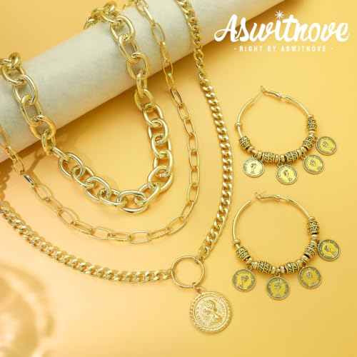 2 Pcs Layered Golden Pirate Necklace Earrings for Women Chunky Chain Layered Necklace Boho Gypsy Hoop Earrings Punk Grunge 80s 90s Coin Pendant Jewelry Halloween Pirate Costume Accessories - color: 3-layer Gold Paperclip Chains