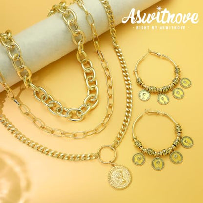 2 Pcs Layered Golden Pirate Necklace Earrings for Women Chunky Chain Layered Necklace Boho Gypsy Hoop Earrings Punk Grunge 80s 90s Coin Pendant Jewelry Halloween Pirate Costume Accessories - color: 3-layer Gold Paperclip Chains