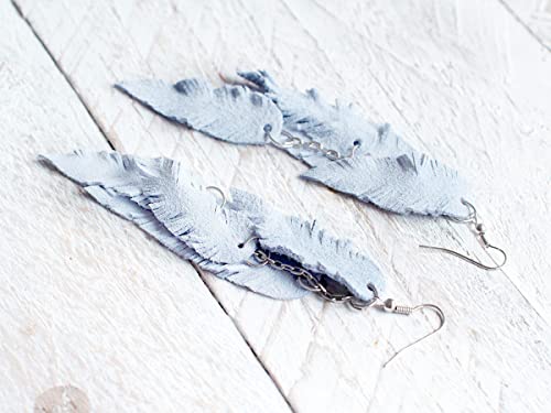 Leather Feather Earrings, Suede layered earrings, boho wedding jewelry, summer earrings, gift for her, dangle earrings - color: light blue