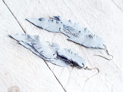 Leather Feather Earrings, Suede layered earrings, boho wedding jewelry, summer earrings, gift for her, dangle earrings - color: light blue