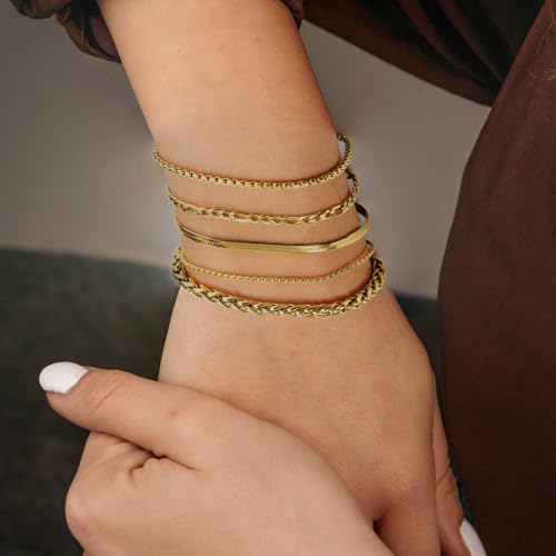 Gold Bracelets for Women Jewelry Sets for Women Trendy Thin Dainty Stackable Cuban Link Paperclip Chain Bracelet Pack Fashion Accessories Gifts for Womens