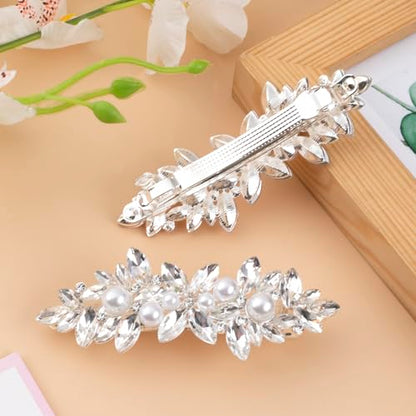 Joez Wonderful 2 Pcs Rhinestone Hair Clips, Silver Bridal Hair Accessories for Women, Sparkly Crystal Hair Pins, Fancy Flower Hair Barrettes for Wedding, Bride (Pearl) - color: Pearl (2pcs)