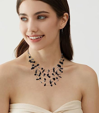Multi-Layer Boho Shell Beaded Necklace for Women Colorful Crystal Strand with Silver Beads Statement Collars Necklace and Earrings Costumes Jewelry Sets for Women - color: 48-Black