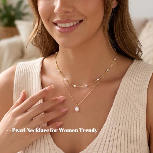 Gold Pearl Necklaces for Women Trendy, 14K Gold Plated Dainty Necklace Simple Single Double Layered Pearl Pendant Necklaces for Women Wedding Birthday Jewelry Gifts - color: 5-Layered Pearls-Gold