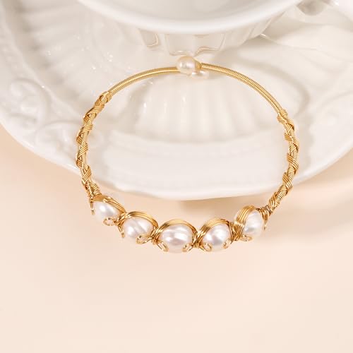 Pearls Bracelets for Women, Natural Freshwater Pearls Bracelets Jewelry Bangle, Lucky Jewelry for Mom Lover Her Diameter 1.96 ins Adjustable (14K Gold Plated)